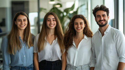 Obraz premium A group of young professionals smiling in a bright, modern office. They are casually dressed, conveying a friendly and collaborative team spirit in a contemporary work environment.