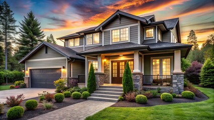 Modern suburban residence with stylish facade, large windows, and inviting porch, nestled among lush greenery in a tranquil neighborhood setting at sunset.