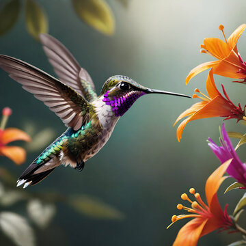 Cute hummingbird among  flowers.