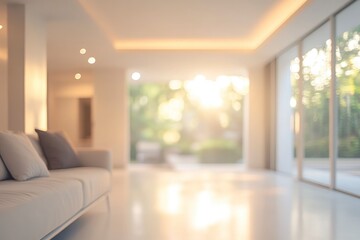 Obraz premium Blur living room at home with morning sunlight at big window for background usage. blur interior background concept. white, britht tone with generative ai