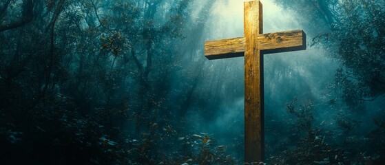 Fototapeta premium Cross Forest Chapel Christianity Religion Spiritual Symbol - Generative AI