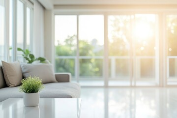 Fototapeta premium Blur living room at home with morning sunlight at big window for background usage. blur interior background concept. white, britht tone with generative ai
