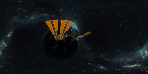 360 degree space background with Planet Earth and International Space Station, ISS, equirectangular projection, environment map. HDRI spherical panorama.