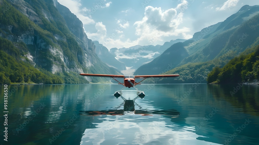 Canvas Prints Seaplane Taking Off from Pristine Mountain Lake Capturing Adventure and Tranquility