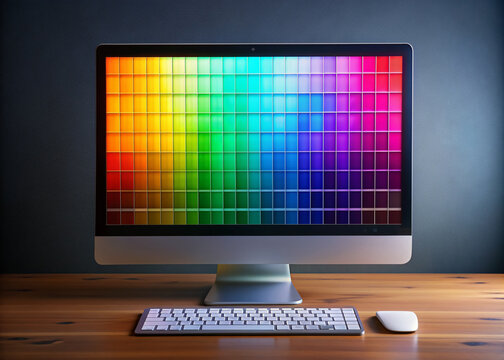Vibrant color palette display on a computer screen showcasing a wide gamut of bright hues, gradients, and shades, against a dark background for contrast.
