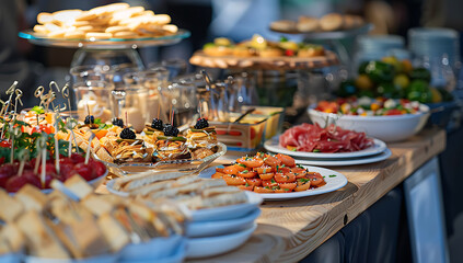 Fototapeta premium Luxury Snack table ready for event. Food and drink catering. Festively decorated beautiful big table full of food ready for guests.Horizontal color photography.