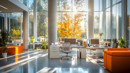 Modern office with large windows overlooking autumn trees.