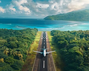 Obraz premium Airplane landing on a lush tropical island runway with scenic landscape