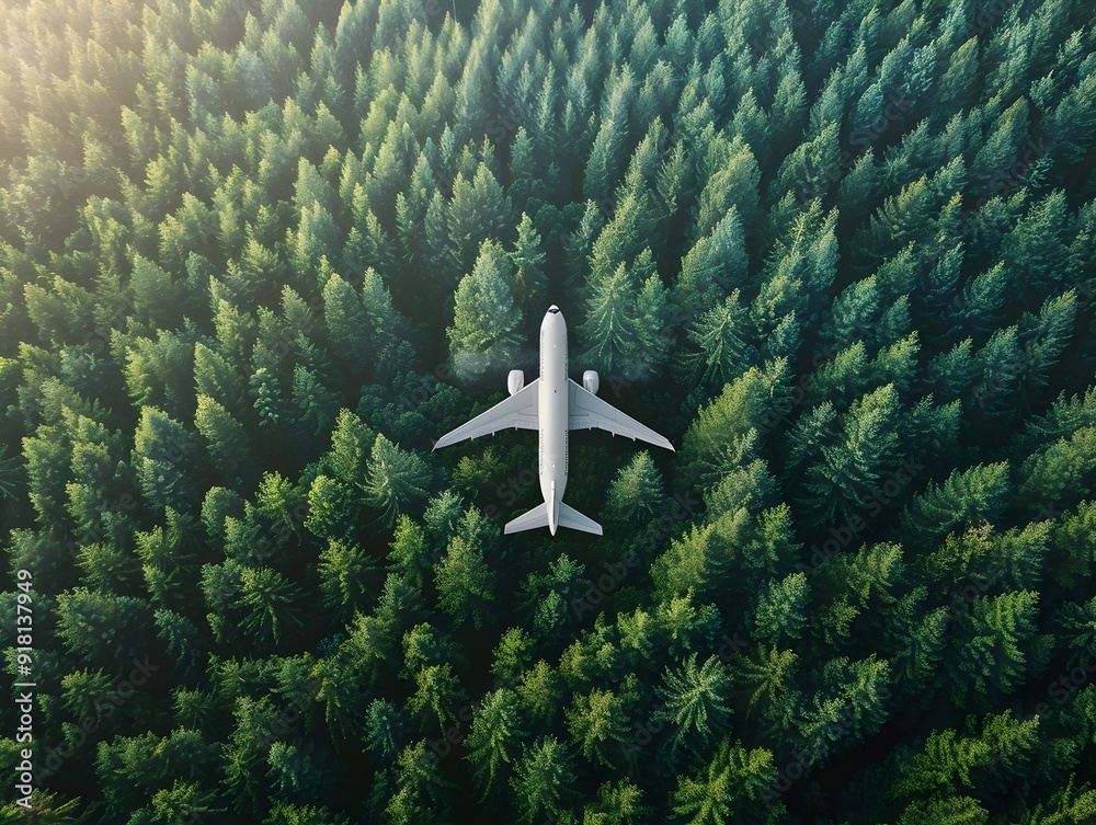 Wall mural Airplane Soaring Over Lush Green Forest Landscape from Above