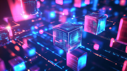Abstract Neon Cubes with Digital Grids and Lines.