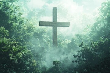 Fototapeta premium Cross Forest Chapel Christianity Religion Spiritual Symbol - Generative AI