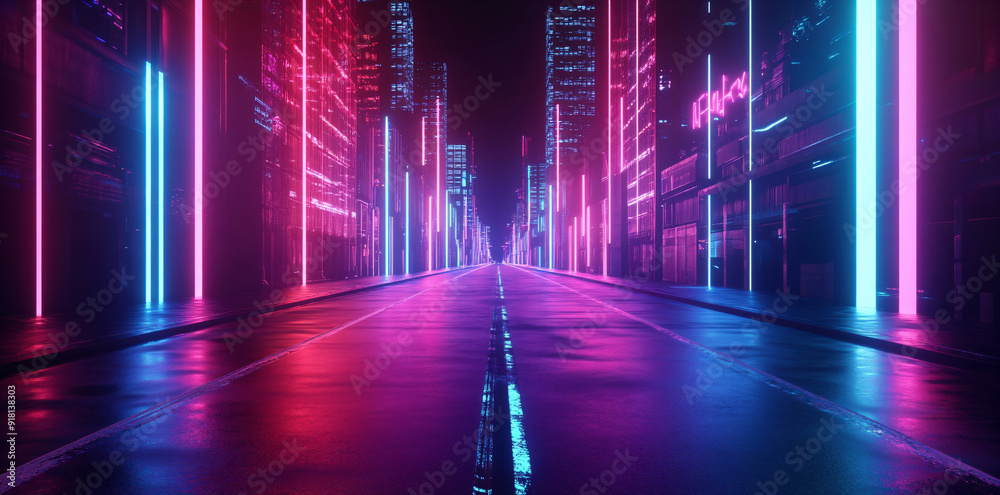 Wall mural futuristic city street with neon lights.