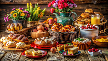 Fototapeta premium Vibrant colorful artisanal crafts, decorated baked goods, and handmade items arranged on a rustic wooden table, exuding warmth and care in every meticulous detail.