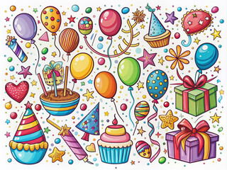 Vibrant colorful doodles of balloons, confetti, and streamers surround a festive party scene with cakes, gifts, and celebratory icons on a white background.