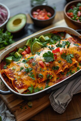 hot and bubbly enchiladas served in a black pan, covered with melted cheese, red sauce, and cilantro