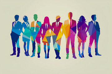 Vibrant cartoon team of successful professionals, diverse men and women in dynamic, colorful shapes, symbolizing collaboration and business success