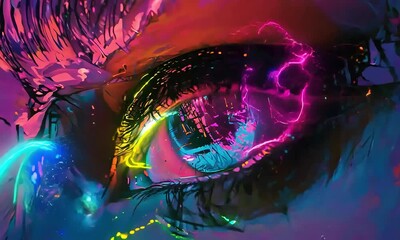 Neon Eye: A mesmerizing abstract portrait of an eye rendered in vibrant neon colors.  The intricate details and bold strokes create a captivating visual that evokes a sense of wonder and mystery. 