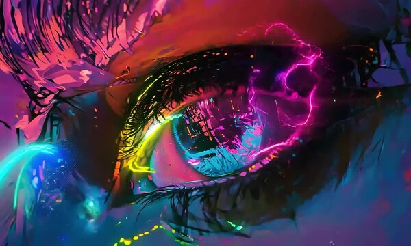 Neon Eye: A mesmerizing abstract portrait of an eye rendered in vibrant neon colors.  The intricate details and bold strokes create a captivating visual that evokes a sense of wonder and mystery. 