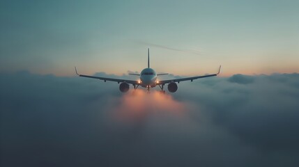 Airplane Silhouette Soaring Above Mystical Fog Layers at Sunset