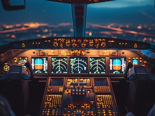 Illuminated Airplane Cockpit Instruments at Night with Technical and Atmospheric Details