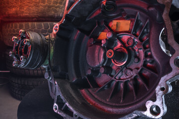 old car gearbox dirty from a front-wheel drive car dismantled for repair