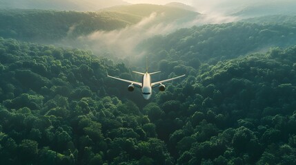 Airplane Soaring High Above a Lush Verdant Forest Landscape