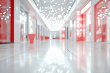 Fototapeta premium Blurred abstract background, bright room with white light effect and red objects, shopping center corridor with generative ai