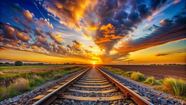 Serene landscape of endless railroad tracks disappearing into the horizon, set against a warm, vibrant orange and blue gradient sky with fluffy white clouds.
