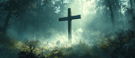 Fototapeta premium Cross Forest Chapel Christianity Religion Spiritual Symbol - Generative AI