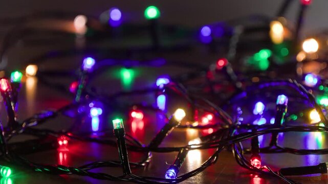Christmas tree garland. Yellow, green, red and green lights. Seamless looping. Focus on the foreground