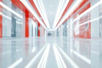 Blurred abstract background, bright room with white light effect and red objects, shopping center corridor with generative ai