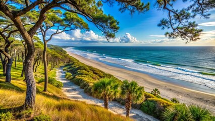 Serenene maritime forest meets scenic coastline in this tranquil Myrtle Beach State Park scene, featuring sandy dunes, majestic live oaks, and vast Atlantic Ocean views.