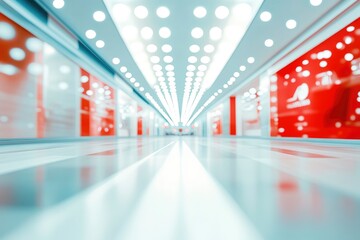 Obraz premium Blurred abstract background, bright room with white light effect and red objects, shopping center corridor with generative ai