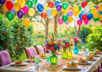 Vibrant confetti and balloons surround a colorful table setting with elegant invitations, showcasing a festive atmosphere for an unforgettable celebration or special event.