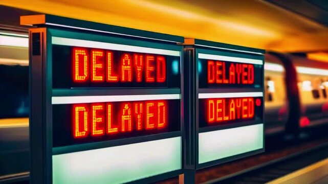 Two red LED signs with the word "DELAYED" displayed on them in an indoor setting.