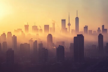 Fototapeta premium Cityscape with Foggy Sunrise and Tall Skyscrapers