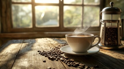cup of coffee on a rustic wooden table, international coffee day concept