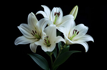 White Lilies on Black Background.