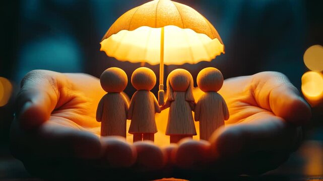 A pair of hands gently placing wooden figurines of people under a  umbrella, symbolizing protection and care. Insurance services, family care, social protection programs,  support campaigns and safety