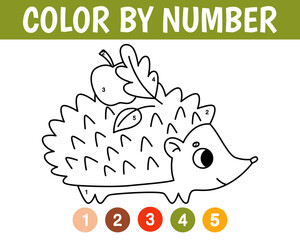 Color by number game for kids. Cute hedgehog. Animal coloring book. Printable worksheet with solution for school and preschool. Learning numbers activity. Vector cartoon illustration.