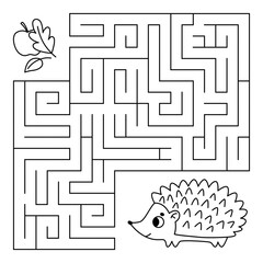 Animal maze game for kids. Cute line hedgehog looking for a way to the apple and leaves. Printable worksheet with solution for school and preschool. Vector cartoon illustration.