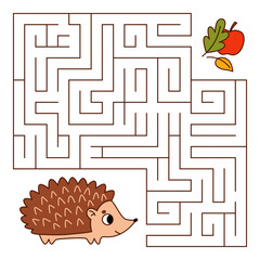 Animal maze game for kids. Cute hedgehog looking for a way to the apple and leaves. Printable worksheet with solution for school and preschool. Vector cartoon illustration.