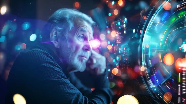 An elderly man focuses intently on a glowing interface, immersed in exploring complex data visuals and technology during an engaging late-night session in a vibrant setting