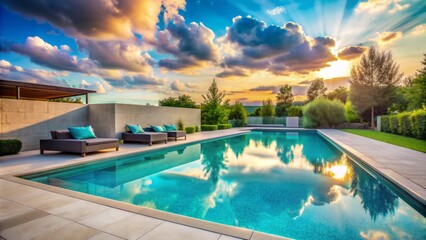 Sparkling turquoise pool water reflects vibrant summer sky, surrounded by sleek concrete deck and decorative accents, evoking serene outdoor relaxation and recreation atmosphere.