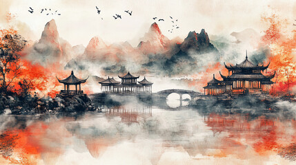 Chinese Watercolor Landscape with Pagoda and Bridge.