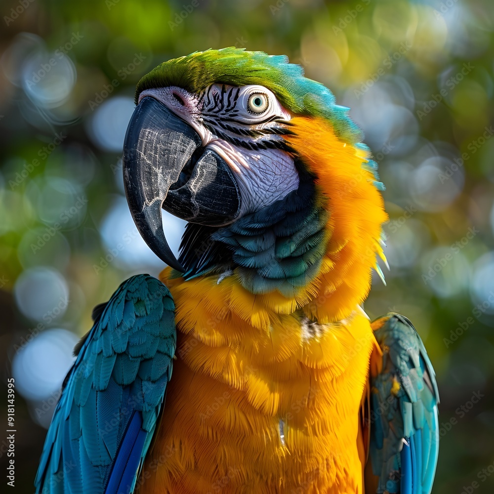 Poster Vibrant Macaw Parrot with Curious Gaze in Tropical Wildlife Habitat