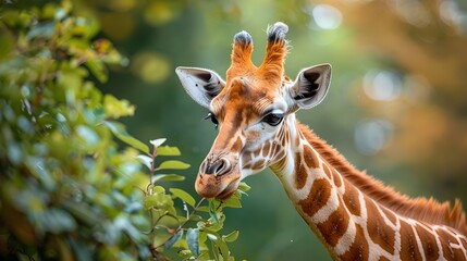 Obraz premium Gentle Giraffe Nibbling Leaves from Tall Tree in Lush Wildlife Habitat