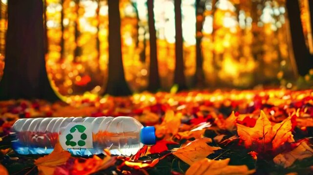 A single plastic water bottle with a recycle symbol lies among colorful autumn leaves on the forest floor.