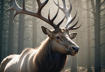 A close-up black and white portrait of a large male deer