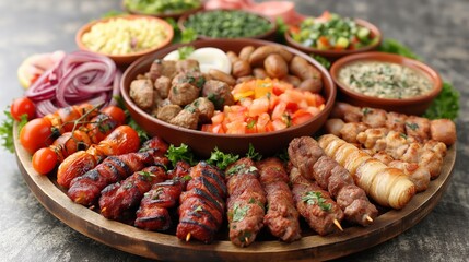 Obraz premium A platter filled with a variety of grilled meats, vegetables, and vibrant side dishes.